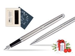 Waterman Hémisphère Stainless Steel CT Fountain pen + Hémisphère Stainless Steel CT Ballpoint pen in gift box in Christmas Gift Box navy blue