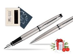 Waterman Expert Stainless Steel CT Fountain pen + Waterman Expert Stainless Steel CT Ballpoint Pen in Christmas Gift Box navy blue