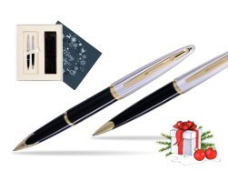 Waterman Carène Deluxe Black GT Fountain pen + Waterman Carène Deluxe Black GT Ballpoint Pen in Christmas Gift Box navy blue