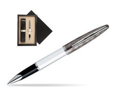 Waterman Carène Contemporary White and Gunmetal ST Rollerball  single wooden box  Black Single Ecru