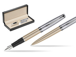 Waterman Embleme Metallic Glod CT Fountain Pen + Waterman Embleme Metallic Gold CT Ballpoint Pen in gift box  in classic box  black