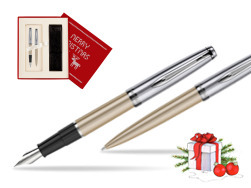 Waterman Embleme Metallic Glod CT Fountain Pen + Waterman Embleme Metallic Gold CT Ballpoint Pen in gift box in Christmas Gift Box red