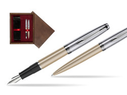 Waterman Embleme Metallic Glod CT Fountain Pen + Waterman Embleme Metallic Gold CT Ballpoint Pen in gift box in double wooden box Wenge Double Maroon