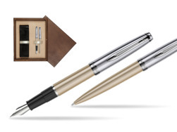 Waterman Embleme Metallic Glod CT Fountain Pen + Waterman Embleme Metallic Gold CT Ballpoint Pen in gift box in double wooden box Wenge Double Ecru