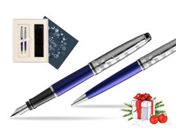 Waterman Expert DeLuxe Navy Blue Ct Fountain Pen + Waterman Expert DeLuxe Navy Blue CT Ballpoint Pen in gift box in Christmas Gift Box navy blue