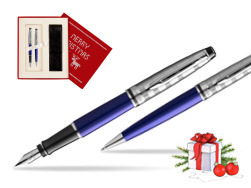 Waterman Expert DeLuxe Navy Blue Ct Fountain Pen + Waterman Expert DeLuxe Navy Blue CT Ballpoint Pen in gift box in Christmas Gift Box red