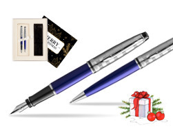 Waterman Expert DeLuxe Navy Blue Ct Fountain Pen + Waterman Expert DeLuxe Navy Blue CT Ballpoint Pen in gift box w Christmas Gift Box Magic of Christmas