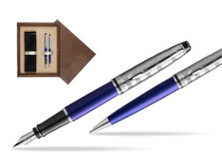 Waterman Expert DeLuxe Navy Blue Ct Fountain Pen + Waterman Expert DeLuxe Navy Blue CT Ballpoint Pen in gift box in double wooden box Wenge Double Ecru