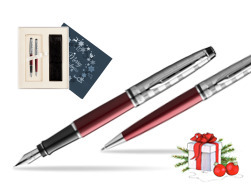 Waterman Expert DeLuxe Dark Red CT Fountain Pen + Waterman Expert DeLuxe Dark Red CT Ballpoint Pen in gift box in Christmas Gift Box navy blue