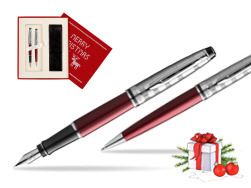 Waterman Expert DeLuxe Dark Red CT Fountain Pen + Waterman Expert DeLuxe Dark Red CT Ballpoint Pen in gift box in Christmas Gift Box red