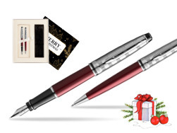 Waterman Expert DeLuxe Dark Red CT Fountain Pen + Waterman Expert DeLuxe Dark Red CT Ballpoint Pen in gift box w Christmas Gift Box Magic of Christmas