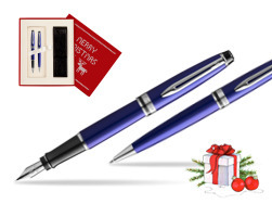 Waterman Expert Navy Blue CT Fountain Pen + Waterman Expert Navy Blue Ballpoint Pen in gift box in Christmas Gift Box red