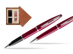 Waterman Carène Glossy Red CT Fountain pen + Waterman Carène Glossy Red CT Ballpoint Pen in double wooden box Mahogany Double Ecru